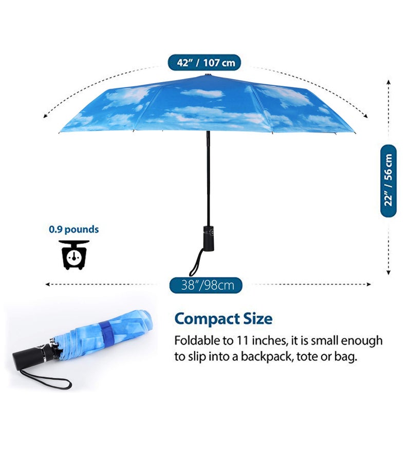 SY COMPACT Travel Umbrella Windproof Factory outlet Compact Automatic Umbrellas for Rain Compact Small UV Sun Protection Umbrella Durable Waterproof Lightweight Rust Resistant-Fits Backpack Car Purse (Blue Sky) - Image 4
